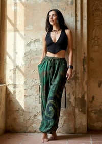 Image 3 of Thai Tie Dye Psy Pants Cotton – Relaxed Fit Festival Trousers Cinch with Pockets - Green - 477