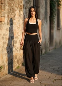 Image 3 of Harem Pants with Pockets, Boho Festival Trousers, Smocked Waist Lounge Pants, Unisex Black-510