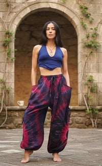 Image 5 of Thai Tie Dye Psy Pants Cotton – Relaxed Fit Festival Trousers Cinch - Pink Purple - 476