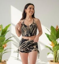 Image 3 of Tie Dye Ruched Halter Top and High Waisted Shorts Festival Set, Black Beige