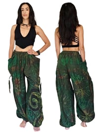 Image 4 of Thai Tie Dye Psy Pants Cotton – Relaxed Fit Festival Trousers Cinch with Pockets - Green - 477