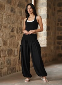 Image 4 of Harem Pants with Pockets, Boho Festival Trousers, Smocked Waist Lounge Pants, Unisex Black-510