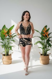 Image 5 of Tie Dye Ruched Halter Top and High Waisted Shorts Festival Set, Black Beige