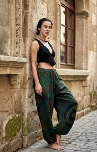 Image 6 of Thai Tie Dye Psy Pants Cotton – Relaxed Fit Festival Trousers Cinch with Pockets - Green - 477