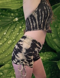 Image 6 of Tie Dye Ruched Halter Top and High Waisted Shorts Festival Set, Black Beige