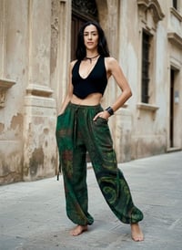 Image 7 of Thai Tie Dye Psy Pants Cotton – Relaxed Fit Festival Trousers Cinch with Pockets - Green - 477