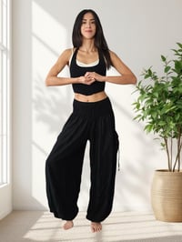 Image 6 of Harem Pants with Pockets, Boho Festival Trousers, Smocked Waist Lounge Pants, Unisex Black-510