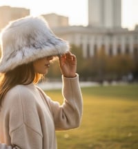 Image 8 of Faux Fur Bucket Hat - White Black Tips - 152