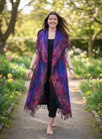 Image 2 of Hooded Fringe Vest, Bohemian Tribal Duster Sleeveless Cloak - Purple Pink Multi