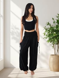 Image 7 of Harem Pants with Pockets, Boho Festival Trousers, Smocked Waist Lounge Pants, Unisex Black-510