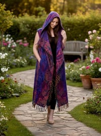 Image 3 of Hooded Fringe Vest, Bohemian Tribal Duster Sleeveless Cloak - Purple Pink Multi