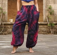 Image 1 of Thai Tie Dye Psy Pants Cotton – Relaxed Fit Festival Trousers Cinch - Pink Purple - 476