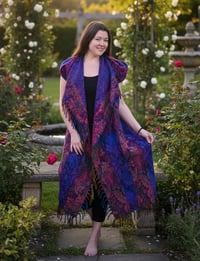 Image 4 of Hooded Fringe Vest, Bohemian Tribal Duster Sleeveless Cloak - Purple Pink Multi