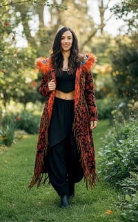 Image 2 of Hooded Faux Fur Fringe Coat - Orange Paisley