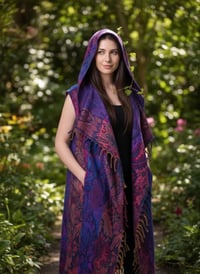 Image 1 of Hooded Fringe Vest, Bohemian Tribal Duster Sleeveless Cloak - Purple Pink Multi