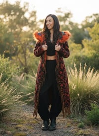 Image 3 of Hooded Faux Fur Fringe Coat - Orange Paisley