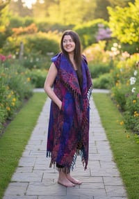 Image 5 of Hooded Fringe Vest, Bohemian Tribal Duster Sleeveless Cloak - Purple Pink Multi