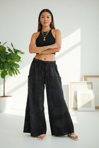 Image 3 of Cotton Patchwork Wide Leg Palazzo Pants - Black - 409