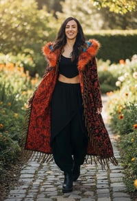 Image 4 of Hooded Faux Fur Fringe Coat - Orange Paisley