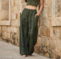 Image 2 of Classic Green Cotton Harem Pants with Om Print – Unisex Boho Yoga Beach Pants