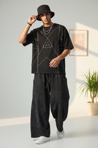 Image 4 of Cotton Patchwork Wide Leg Palazzo Pants - Black - 409