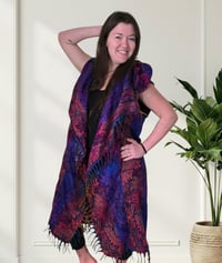 Image 6 of Hooded Fringe Vest, Bohemian Tribal Duster Sleeveless Cloak - Purple Pink Multi