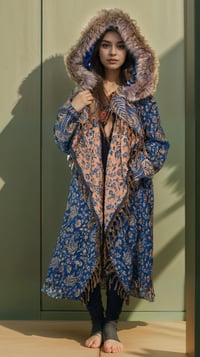 Image 2 of Hooded Faux Fur Fringe Paisley Festival Coat - Teal