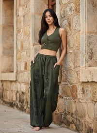 Image 3 of Classic Green Cotton Harem Pants with Om Print – Unisex Boho Yoga Beach Pants