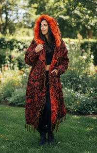 Image 1 of Hooded Faux Fur Fringe Coat - Orange Paisley