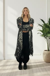 Image 3 of Hooded Fringe Festival Cloak - Black & White Paisley