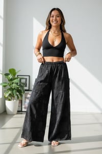 Image 6 of Cotton Patchwork Wide Leg Palazzo Pants - Black - 409