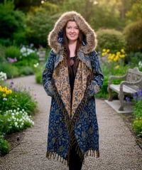 Image 1 of Hooded Faux Fur Fringe Paisley Festival Coat - Teal