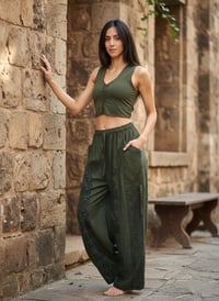 Image 4 of Classic Green Cotton Harem Pants with Om Print – Unisex Boho Yoga Beach Pants