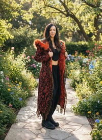 Image 5 of Hooded Faux Fur Fringe Coat - Orange Paisley