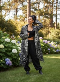 Image 4 of Hooded Fringe Festival Cloak - Black & White Paisley