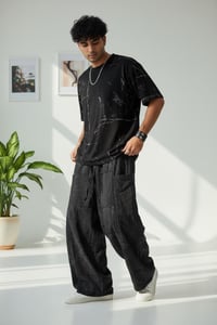 Image 5 of Cotton Patchwork Wide Leg Palazzo Pants - Black - 409