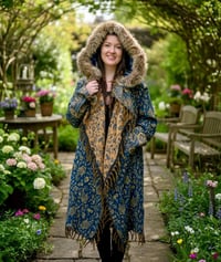 Image 3 of Hooded Faux Fur Fringe Paisley Festival Coat - Teal