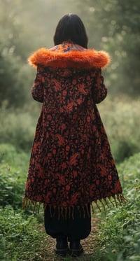 Image 6 of Hooded Faux Fur Fringe Coat - Orange Paisley