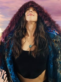 Image 5 of Festival Hooded Faux Fur Psychedelic Fringe Wizard Cloak - Blue Multi