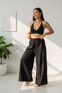 Image 7 of Cotton Patchwork Wide Leg Palazzo Pants - Black - 409
