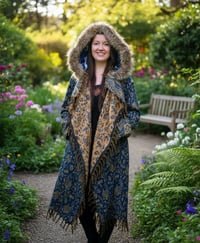 Image 4 of Hooded Faux Fur Fringe Paisley Festival Coat - Teal