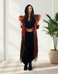 Image 7 of Hooded Faux Fur Fringe Coat - Orange Paisley