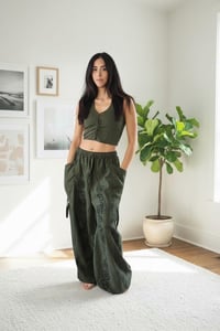 Image 6 of Classic Green Cotton Harem Pants with Om Print – Unisex Boho Yoga Beach Pants