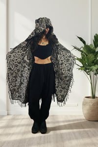 Image 1 of Hooded Fringe Festival Cloak - Black & White Paisley