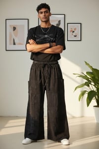 Image 1 of Cotton Patchwork Wide Leg Palazzo Pants - Black - 409