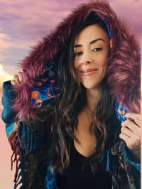 Image 1 of Festival Hooded Faux Fur Psychedelic Fringe Wizard Cloak - Blue Multi