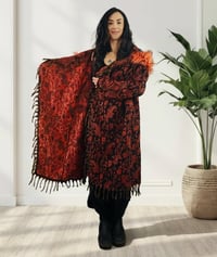 Image 9 of Hooded Faux Fur Fringe Coat - Orange Paisley