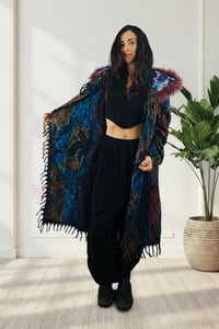 Image 7 of Festival Hooded Faux Fur Psychedelic Fringe Wizard Cloak - Blue Multi