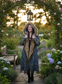 Image 7 of Hooded Faux Fur Fringe Paisley Festival Coat - Teal