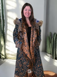 Image 8 of Hooded Faux Fur Fringe Paisley Festival Coat - Teal
